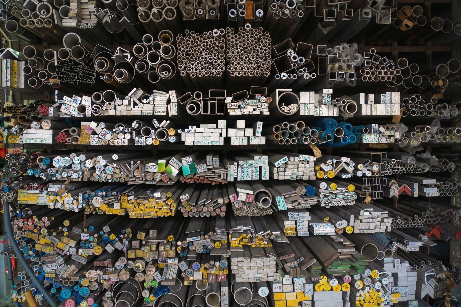 Deep rack filled with ends of steel tube and bar stock in many sizes.